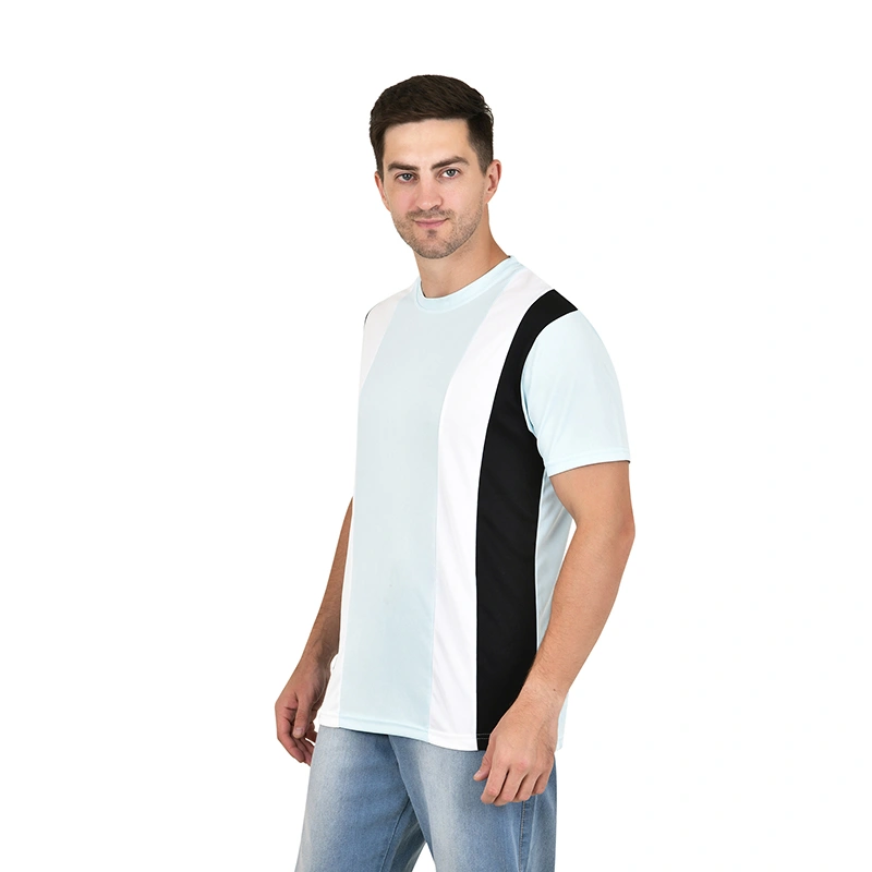 Male model in mint white and black colorblock panel t-shirt with light blue jeans - menswear ecommerce photography by Lohar Studio Delhi